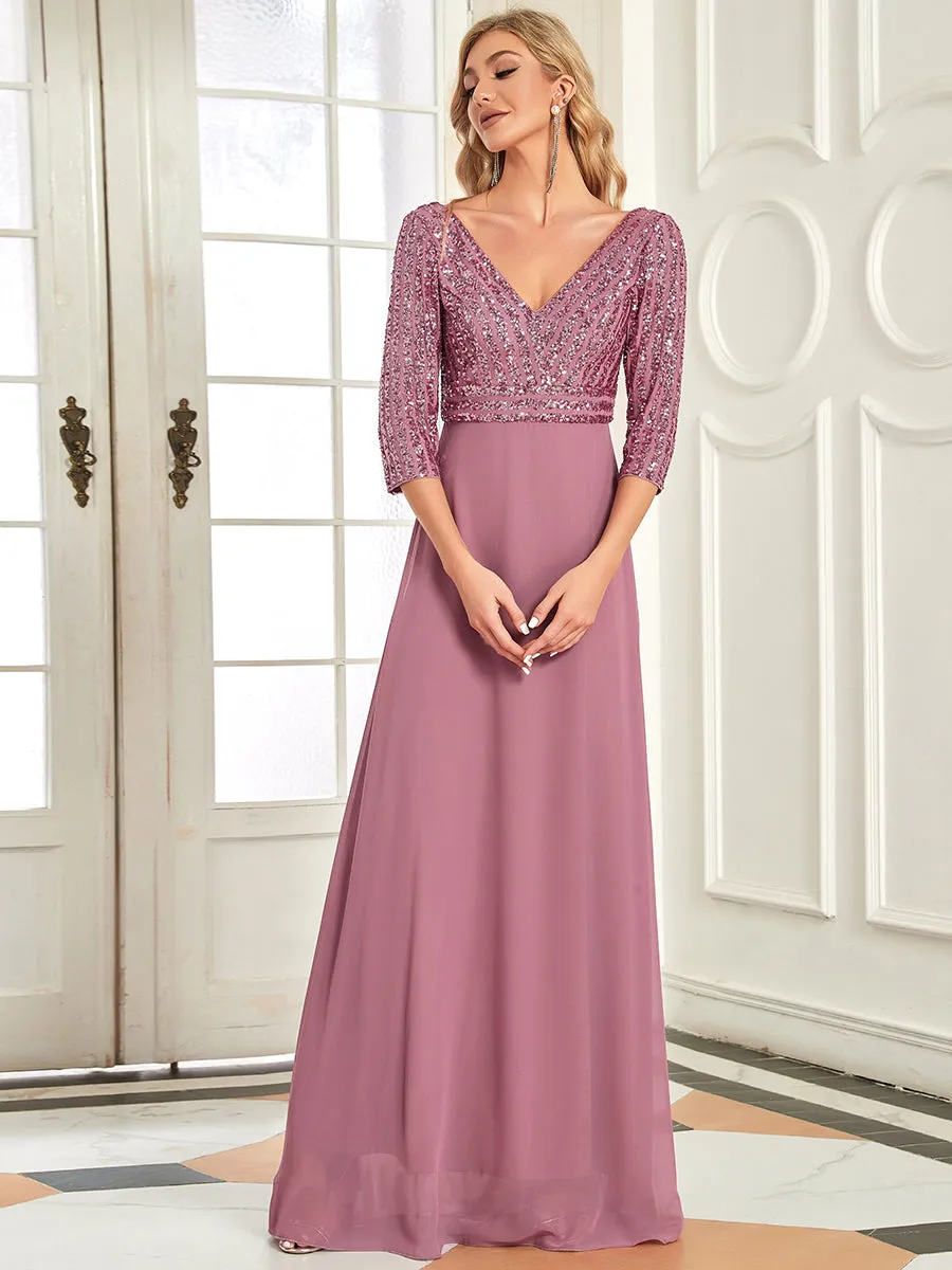 Robe de Soirée Longue Sexy à Col en V et Paillettes avec Manches 3/4