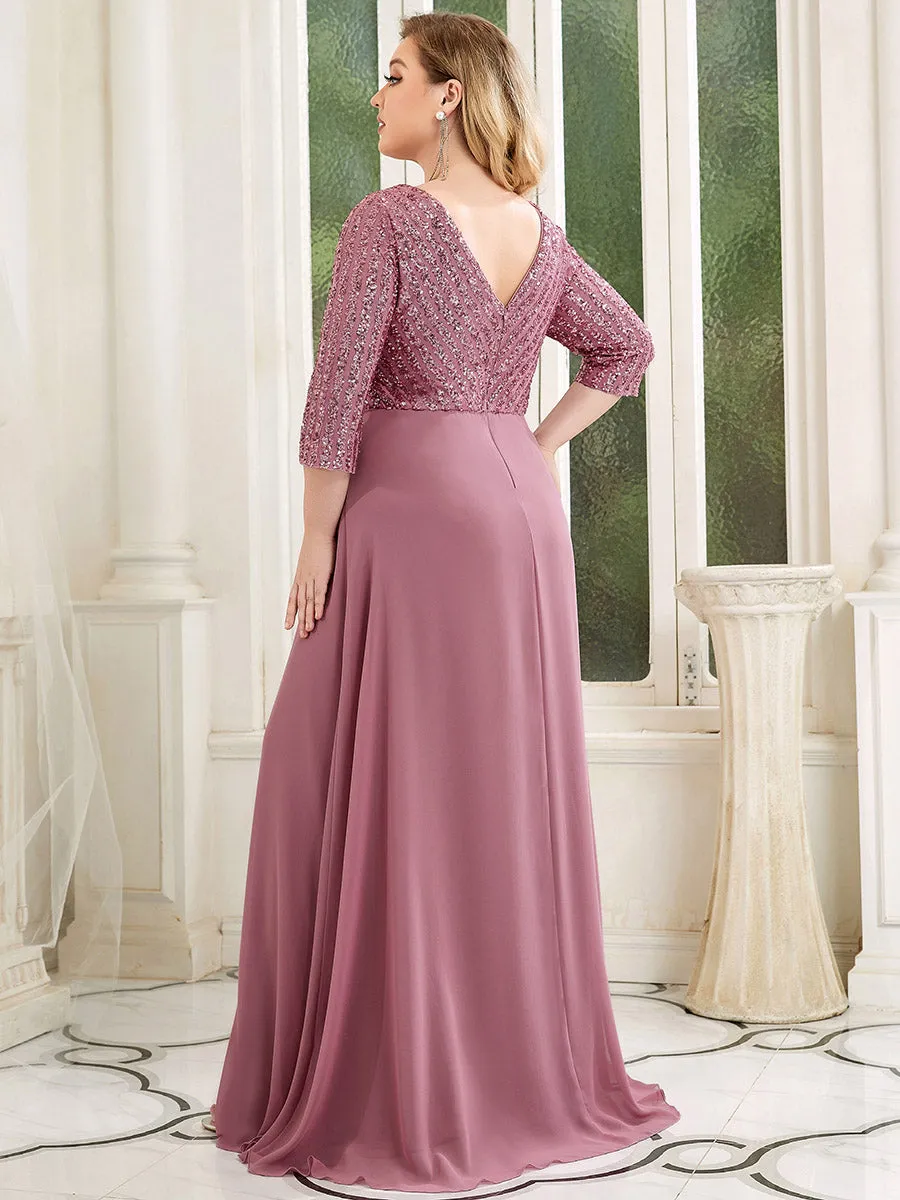 Robe de soirée à paillettes, col V, taille plus, avec manches, décolleté en A