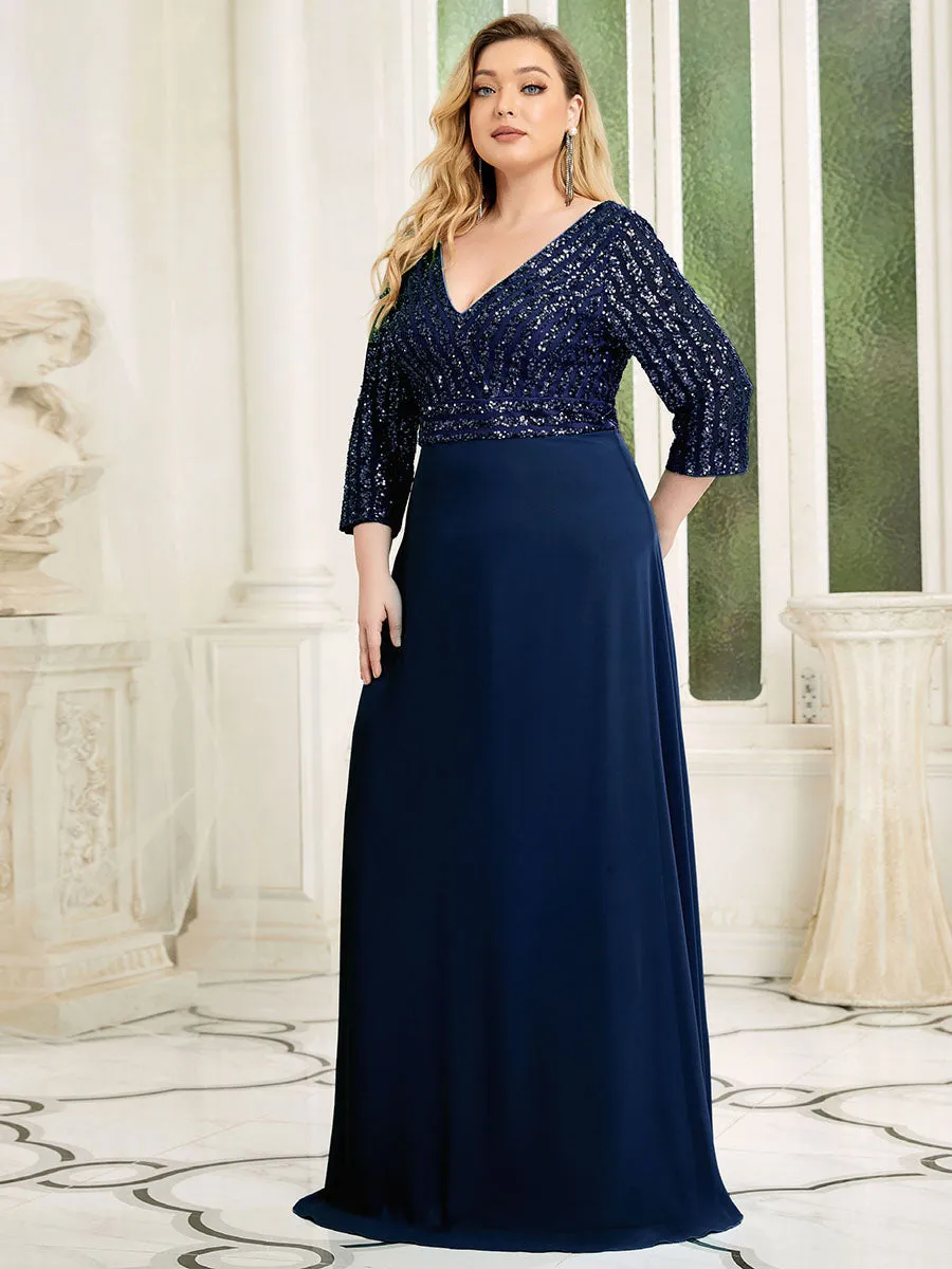 Robe de soirée à paillettes, col V, taille plus, avec manches, décolleté en A