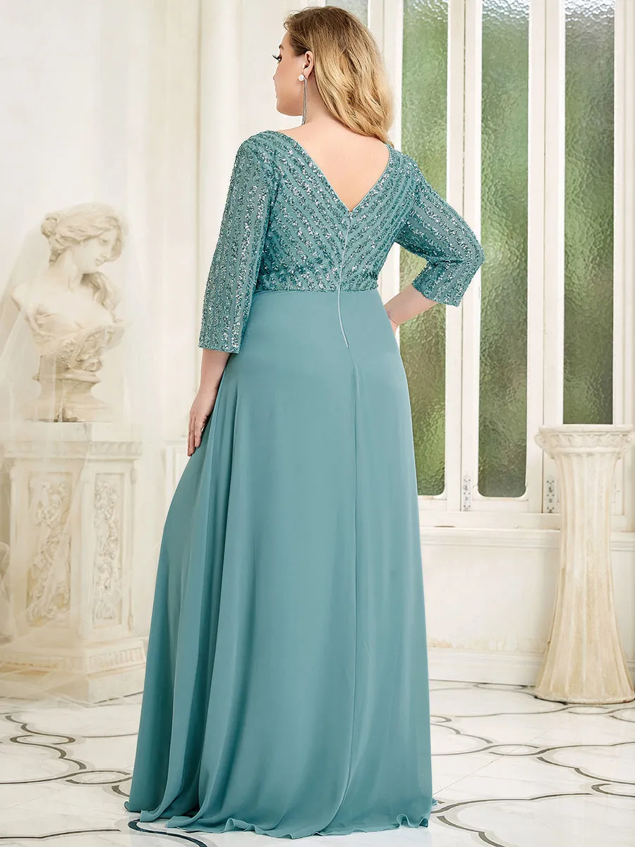 Robe de soirée à paillettes, col V, taille plus, avec manches, décolleté en A