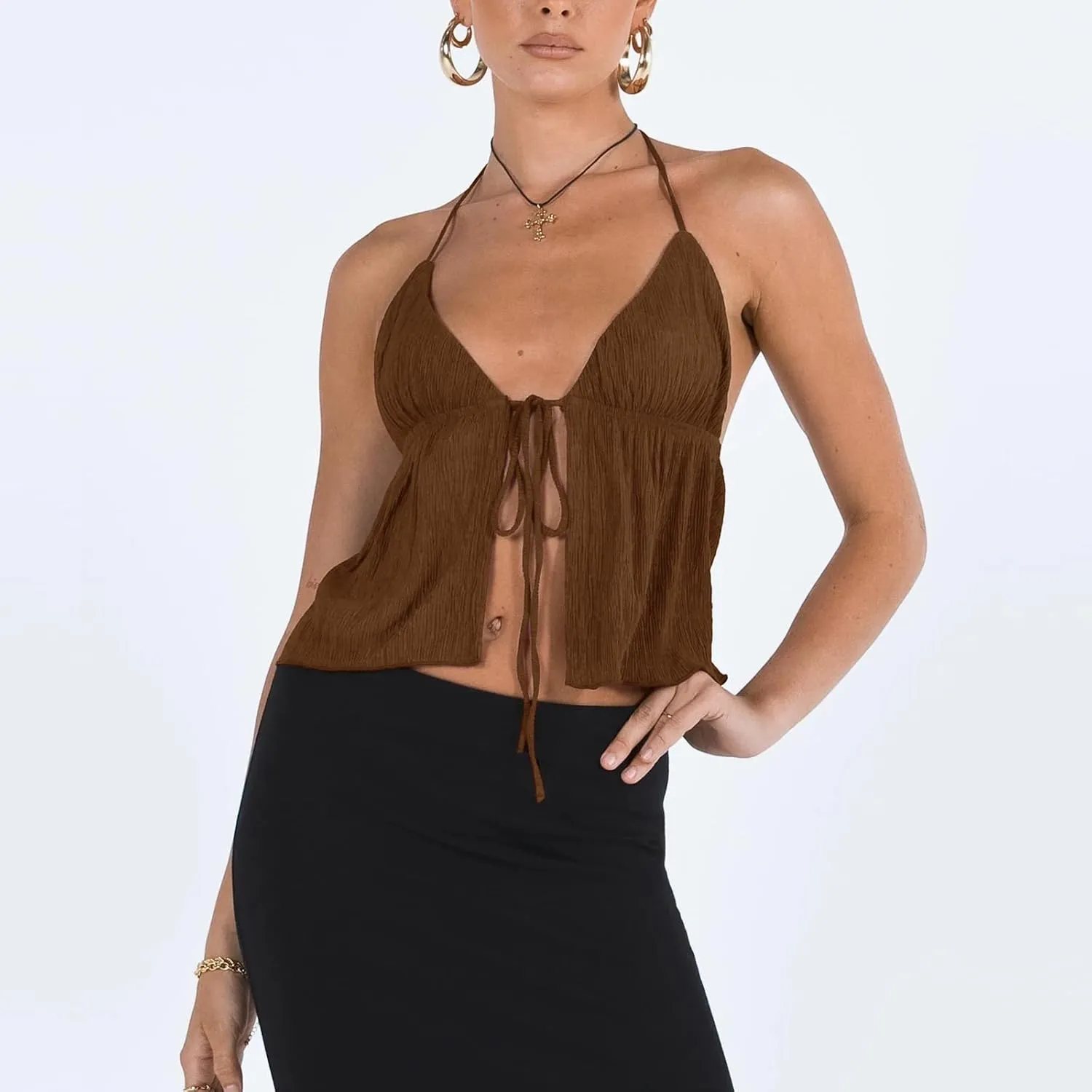 RUEWEY Women Y2K Backless Crop Top Vintage Sexy Tie Up Halter Deep V Neck Spaghetti Strap Cami Top Streetwear?