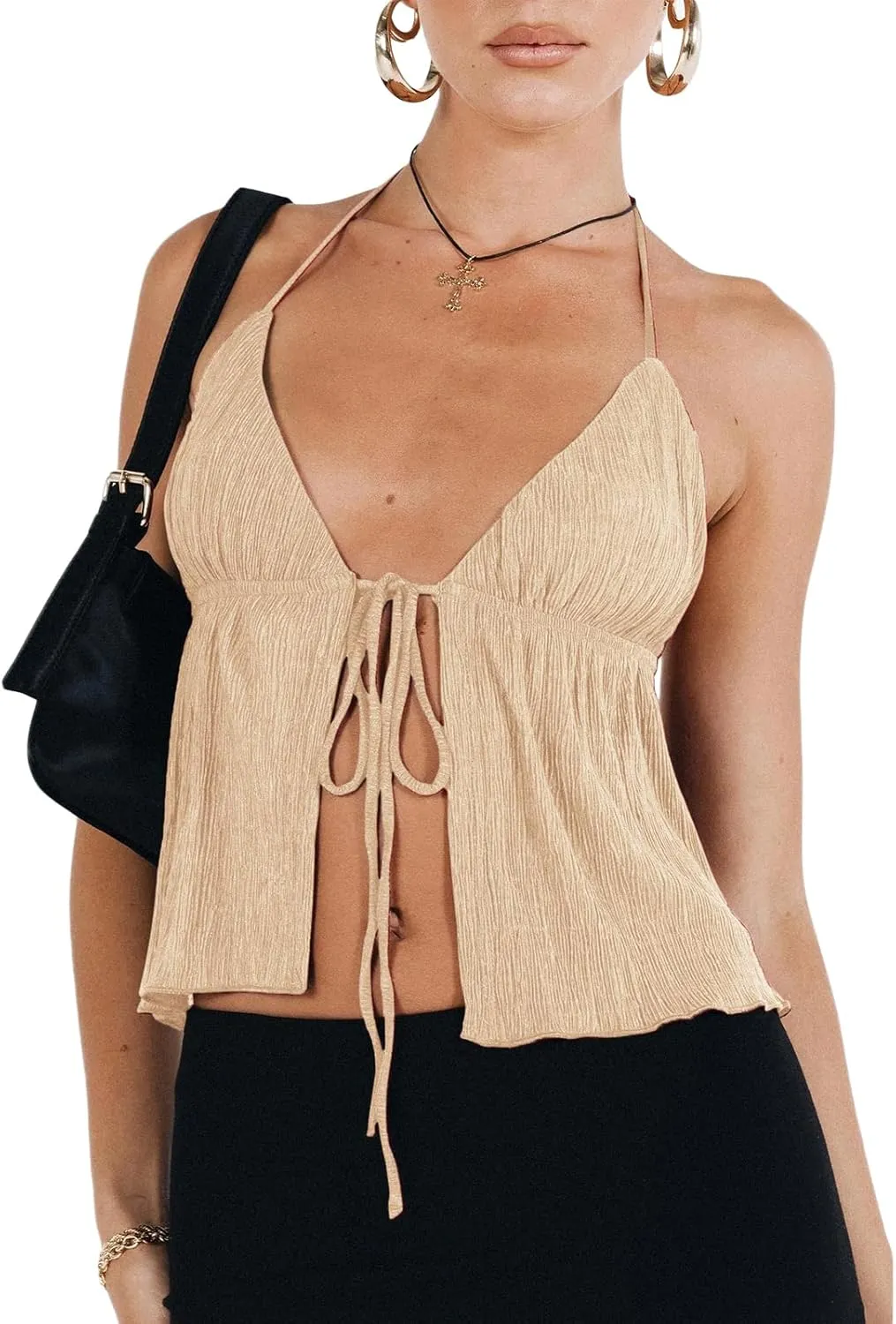RUEWEY Women Y2K Backless Crop Top Vintage Sexy Tie Up Halter Deep V Neck Spaghetti Strap Cami Top Streetwear?