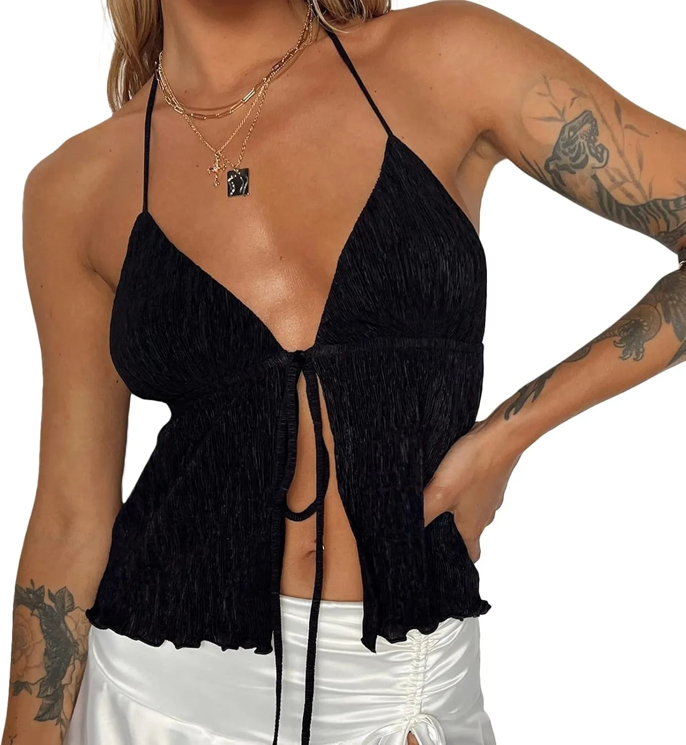 RUEWEY Women Y2K Backless Crop Top Vintage Sexy Tie Up Halter Deep V Neck Spaghetti Strap Cami Top Streetwear?