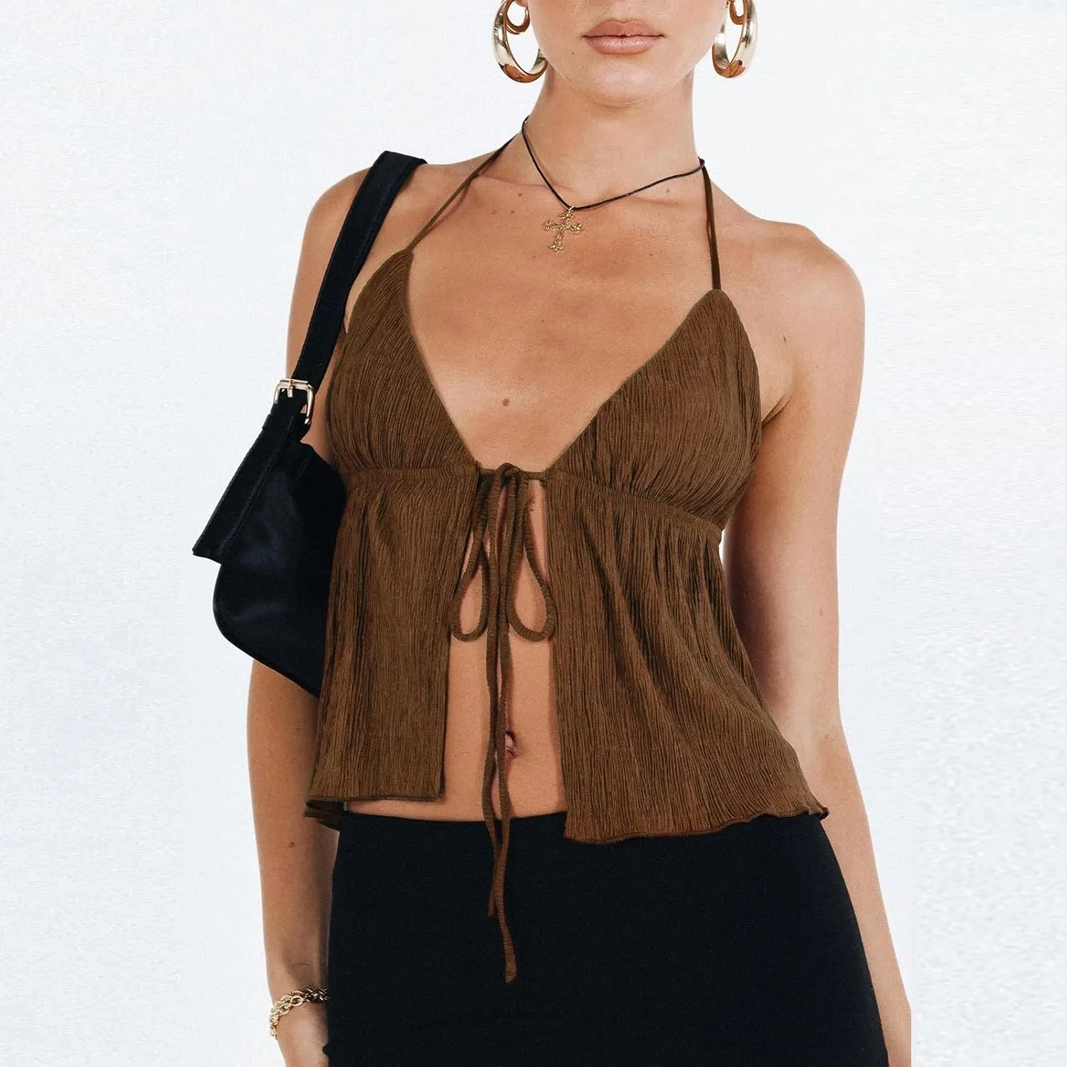 RUEWEY Women Y2K Backless Crop Top Vintage Sexy Tie Up Halter Deep V Neck Spaghetti Strap Cami Top Streetwear?