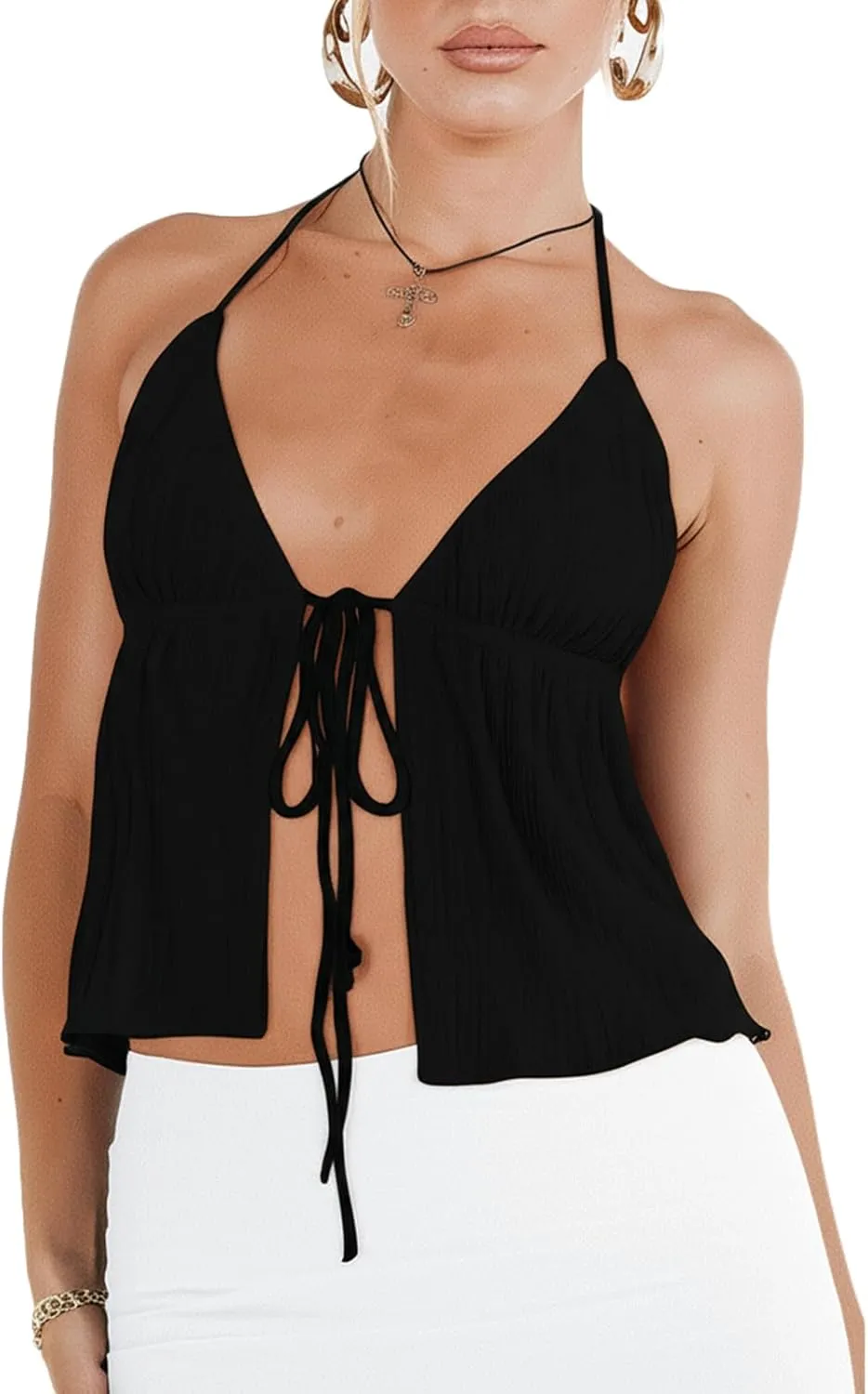 RUEWEY Women Y2K Backless Crop Top Vintage Sexy Tie Up Halter Deep V Neck Spaghetti Strap Cami Top Streetwear?
