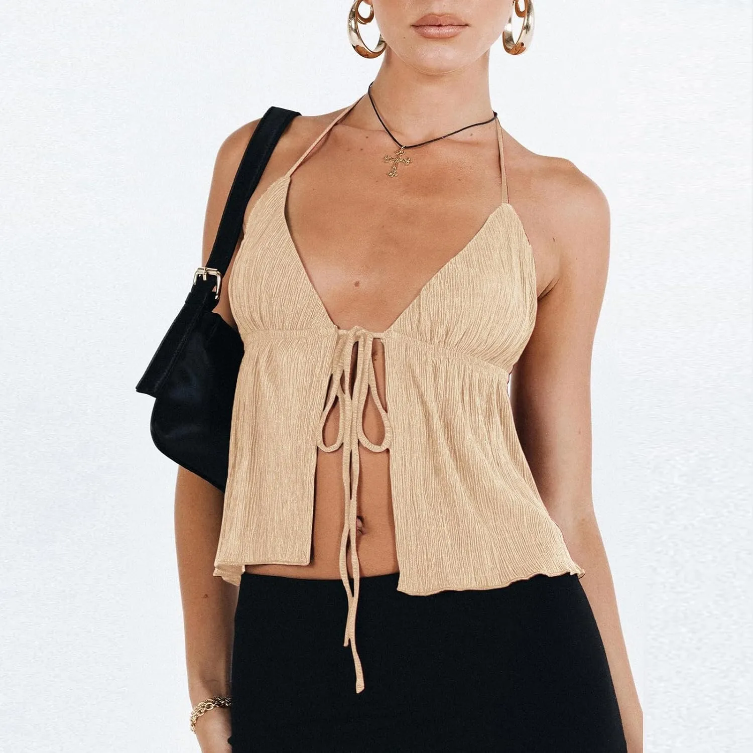 RUEWEY Women Y2K Backless Crop Top Vintage Sexy Tie Up Halter Deep V Neck Spaghetti Strap Cami Top Streetwear?