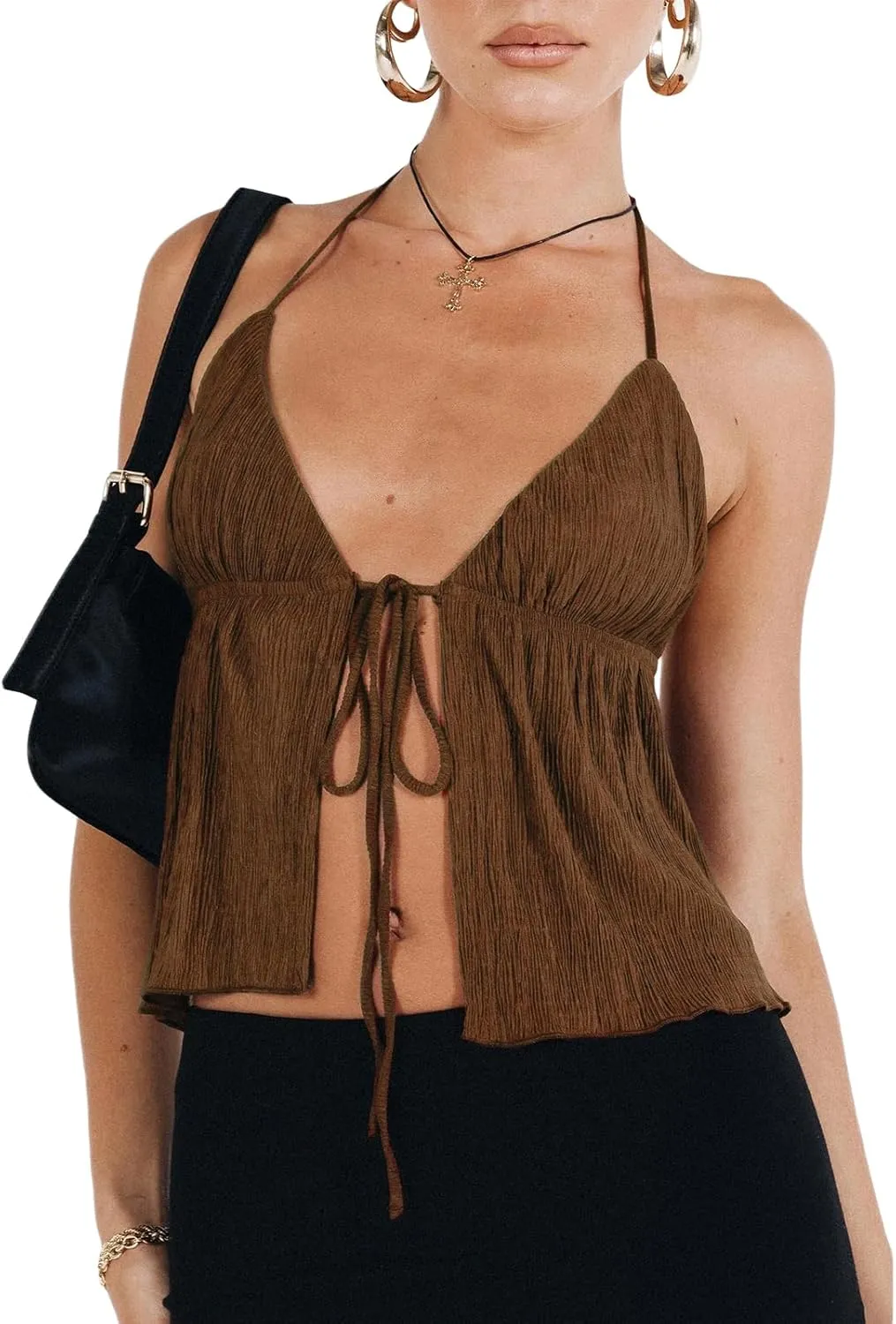 RUEWEY Women Y2K Backless Crop Top Vintage Sexy Tie Up Halter Deep V Neck Spaghetti Strap Cami Top Streetwear?