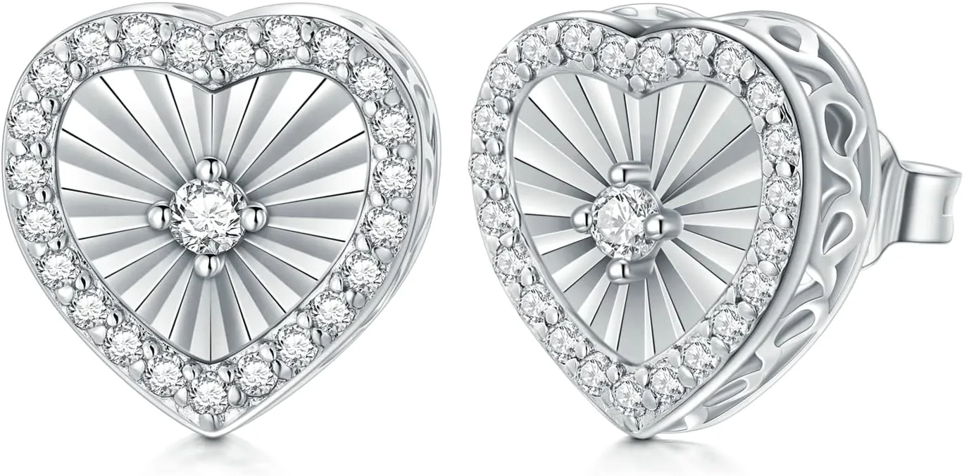 S925 Silver Heart Stud Earrings, 18K White Gold Plated Sterling Silver Diamond Cut Simulated Diamond Studs, for Her Women Ladies Mom