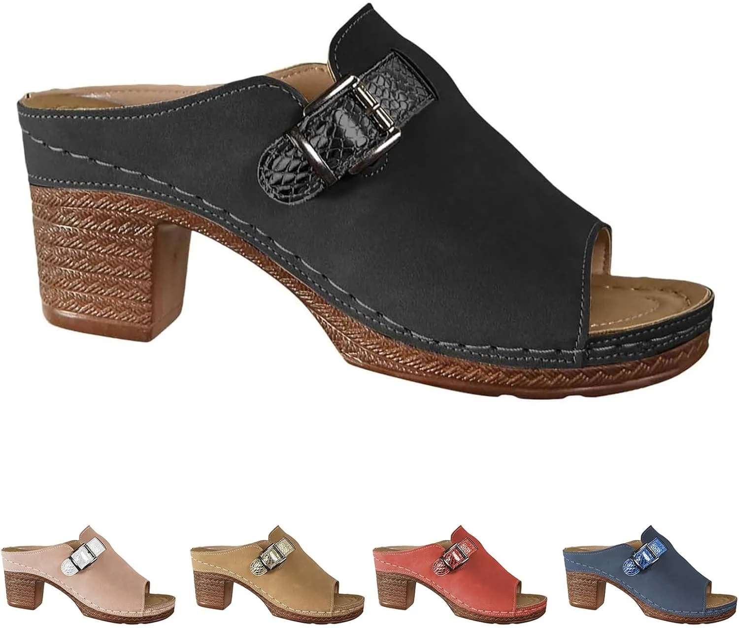 Sandals for Women Comfortable Orthopedic Sandal with Arch Support Square Dressy Open Toe Heels Sandals Casual Mules Fashion Slip On Shoes Breathable Open Back Shoes