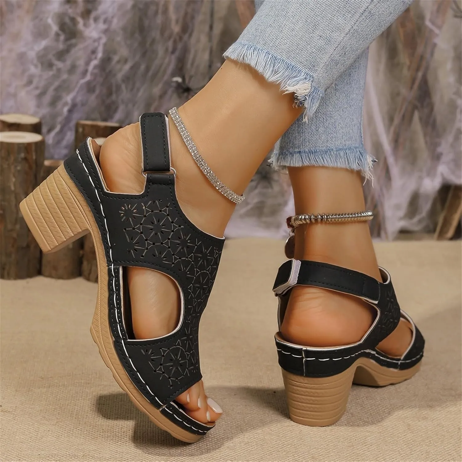 Sandals for Womens Open Toe Ankle Strap Low Block Chunky Heels Sandals Comfortable Summer Casual Slip On Slide Sandal Mules Shoes