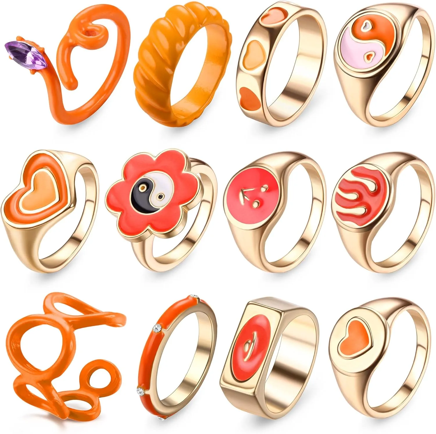 Sanfenly 12pcs Y2K Chunky Colorful Acrylic Resin Gold Cute Trendy Funky Statement Stackable Finger Knuckle Rings Aesthetic Y2k Jewelry