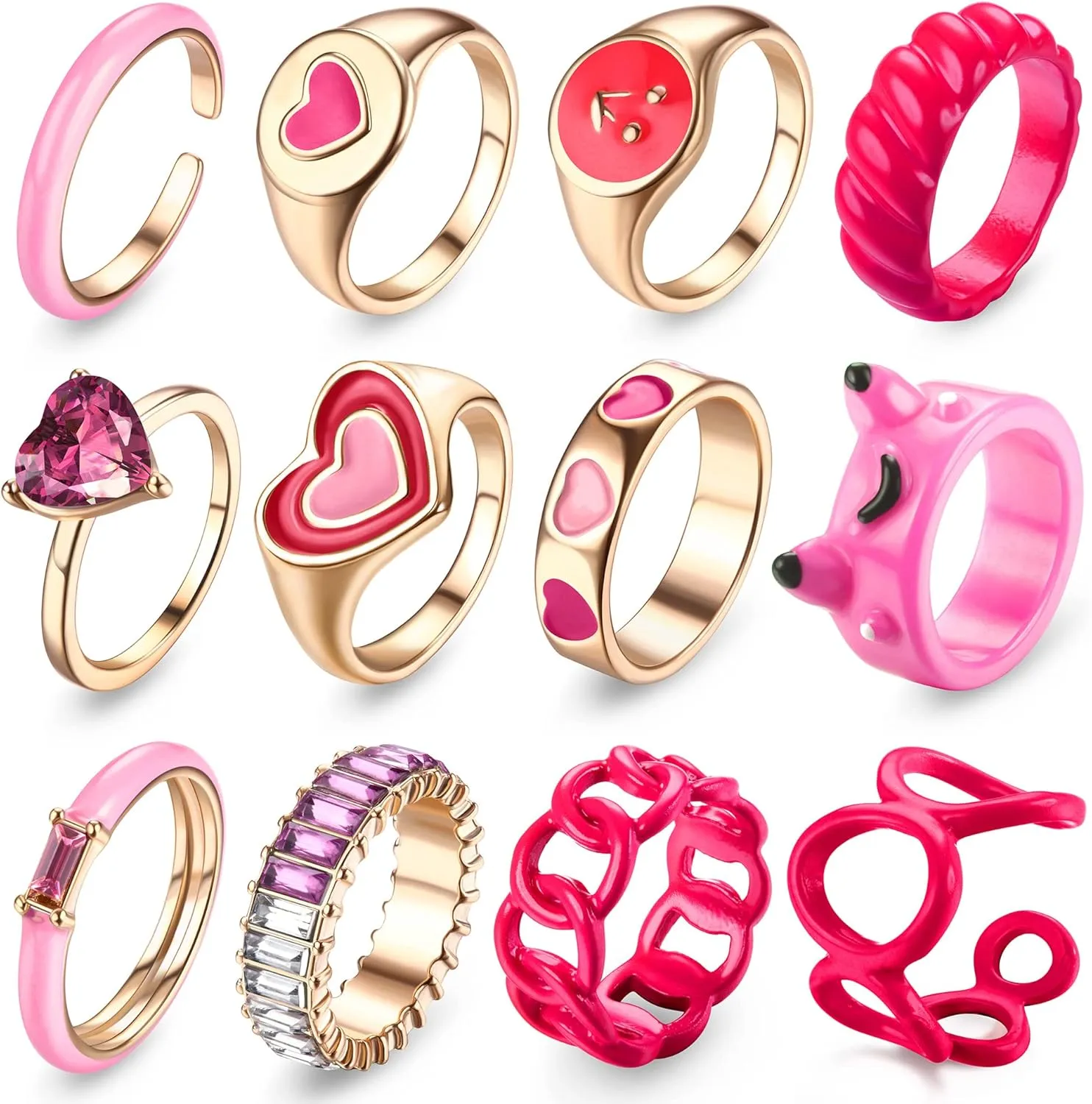 Sanfenly 12pcs Y2K Chunky Colorful Acrylic Resin Gold Cute Trendy Funky Statement Stackable Finger Knuckle Rings Aesthetic Y2k Jewelry