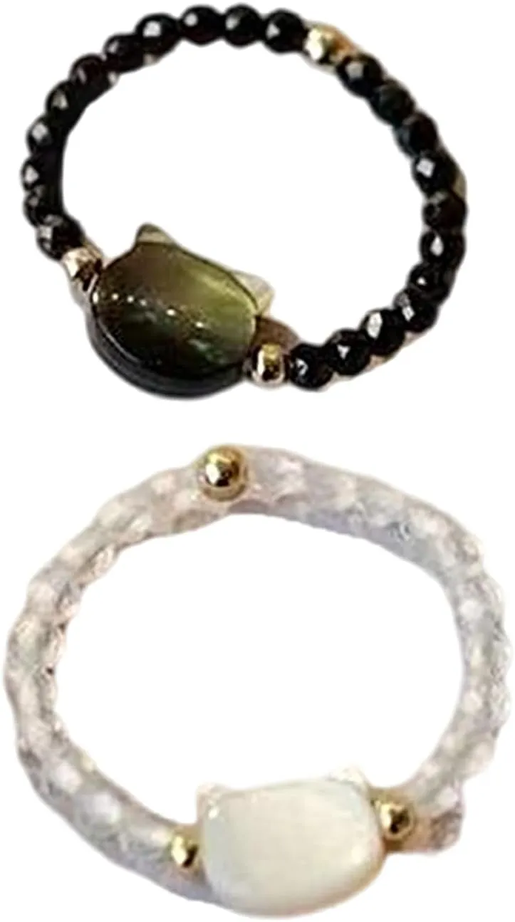 Set Of 2 Fashionable Cats Adjustable Moonstone Obsidians Resin Beaded Rings Handmade Jewelry For Women Men