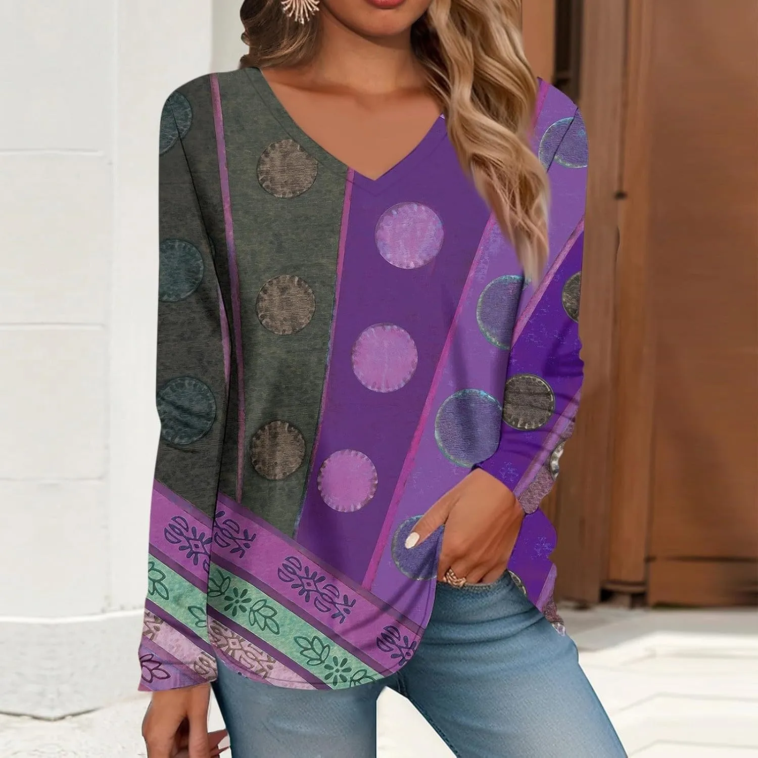 SHAOBGE Women Fall Tops Trendy Boho Dressy Casual Shirt Long Sleeve Blouse Lightweight Sweatshirts Pullover Going Out Tees