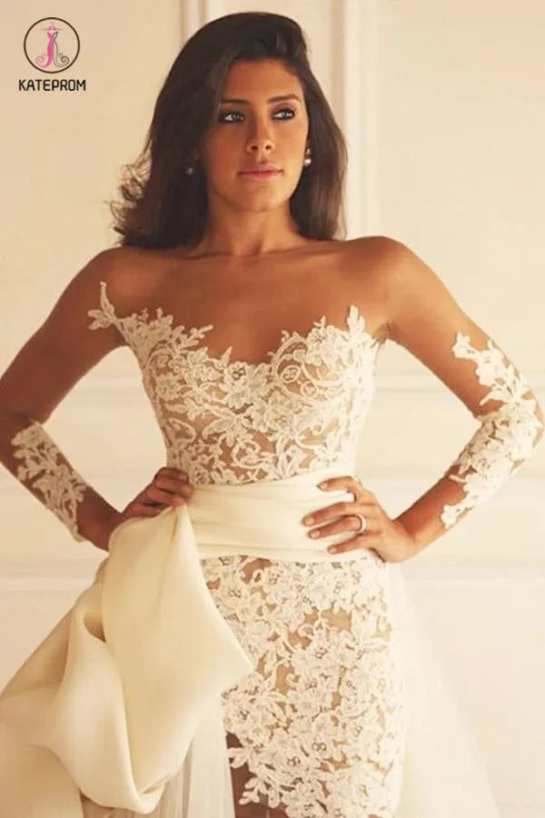Sheath Bateau Detachable Long Illusion Sleeves Lace Wedding Dress KPW0023