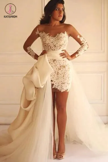 Sheath Bateau Detachable Long Illusion Sleeves Lace Wedding Dress KPW0023