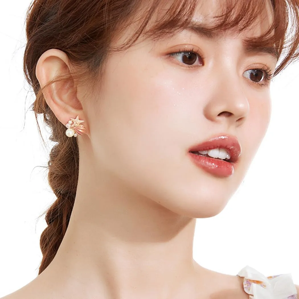 Shell Starfish Pearl Earrings Asymmetric Starfish Stud Earrings Rhinestone Shell Starfish Star Earrings Summer Ocean Beach Theme Jewelry for Women