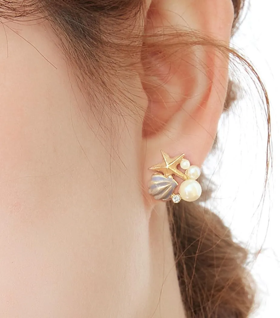 Shell Starfish Pearl Earrings Asymmetric Starfish Stud Earrings Rhinestone Shell Starfish Star Earrings Summer Ocean Beach Theme Jewelry for Women