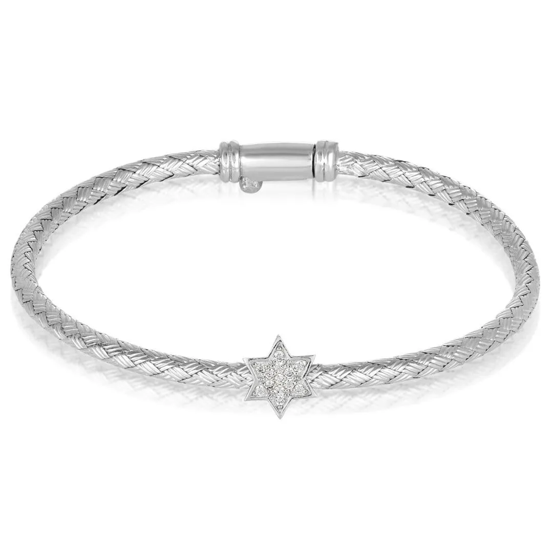 Silver Star of David Mesh Bangle - Sparkling CZ Jewish Bracelet with Peg Lock