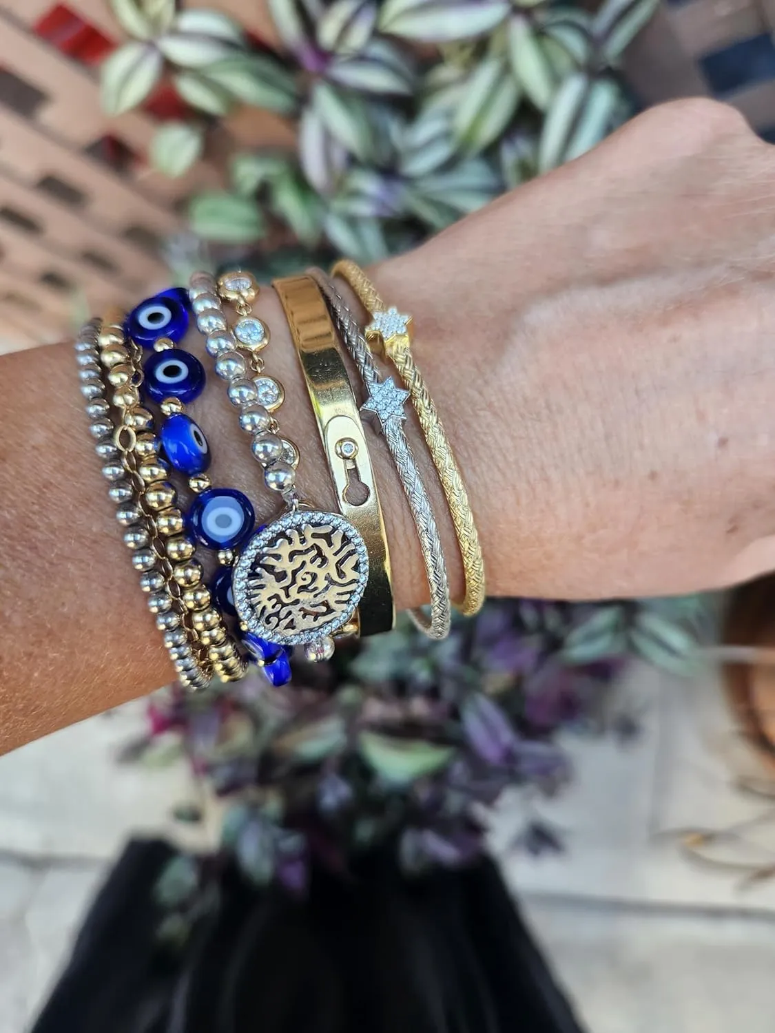 Silver Star of David Mesh Bangle - Sparkling CZ Jewish Bracelet with Peg Lock