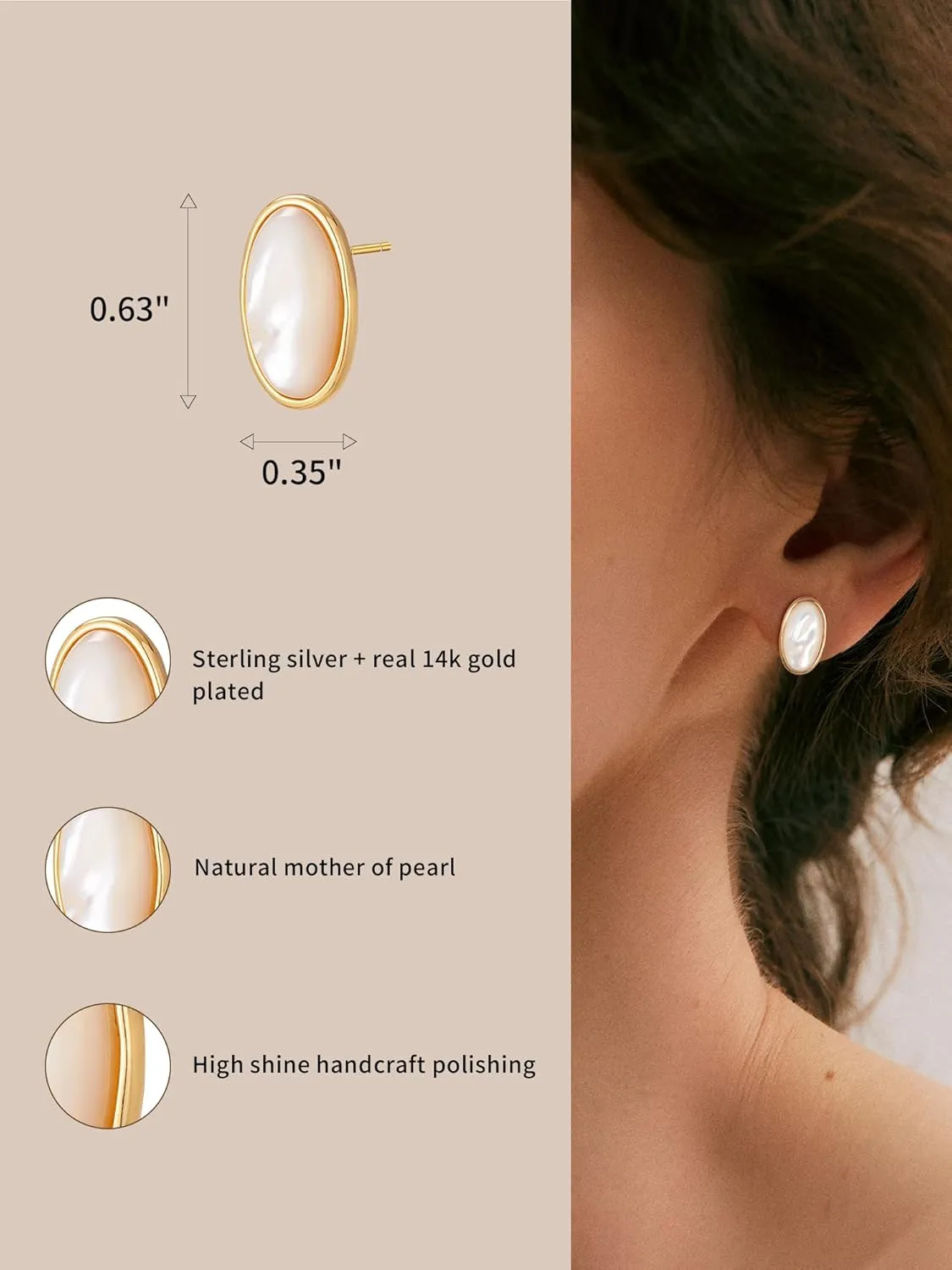 S.Leaf Minimalism Mother of Pearl Stud Earrings for Women Sterling Silver Shell Earrings Round I Heart I Square I Oval Shell Stud Earrings for Women