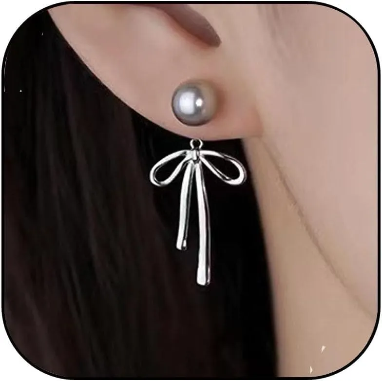 Small Bow Pearl Earrings for Women 14K Gold Pearl Stud Earrings Hypoallergenic Silver Bow Dangle Earrings Wedding Jewelry Birthday Gifts for Women