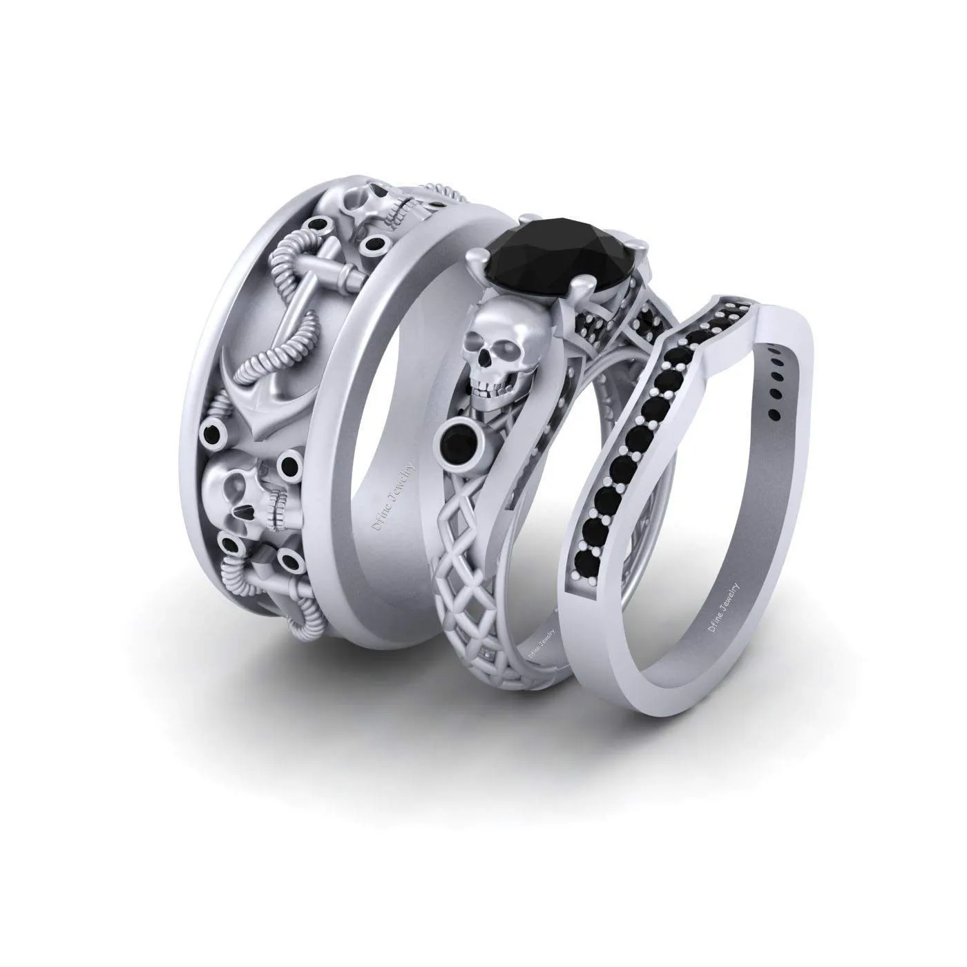 Solid 925 Silver Gothic Skull Wedding Ring Band Set Black Diamond Mesh Skull Nautical Anchor Matching Couple Rings