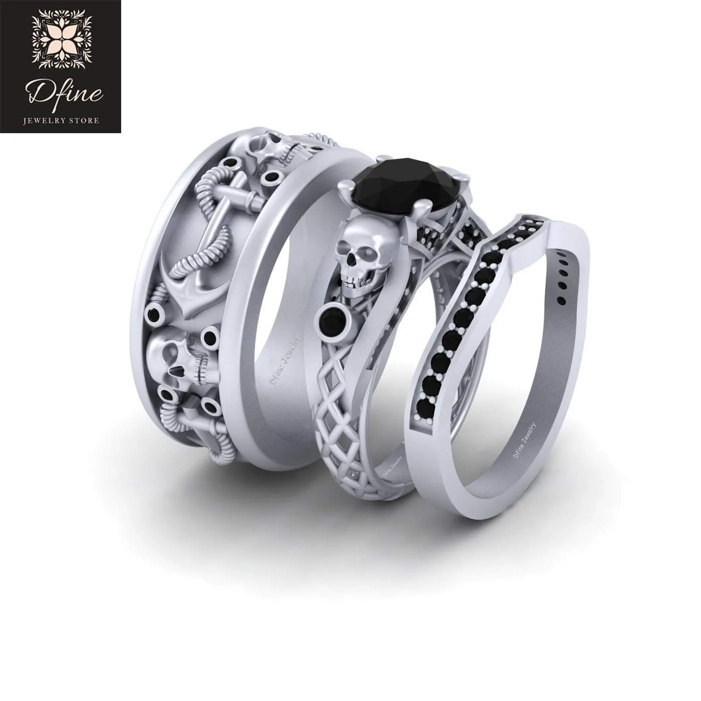 Solid 925 Silver Gothic Skull Wedding Ring Band Set Black Diamond Mesh Skull Nautical Anchor Matching Couple Rings