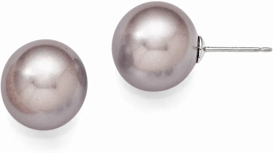 Solid 925 Sterling Silver 12-13mm Purple Imitation Shell Pearl Stud Earrings mm