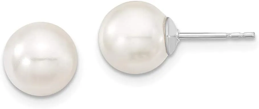 Solid 925 Sterling Silver Majestik 8-9mm White Imitation Shell Pearl Stud Earrings mm