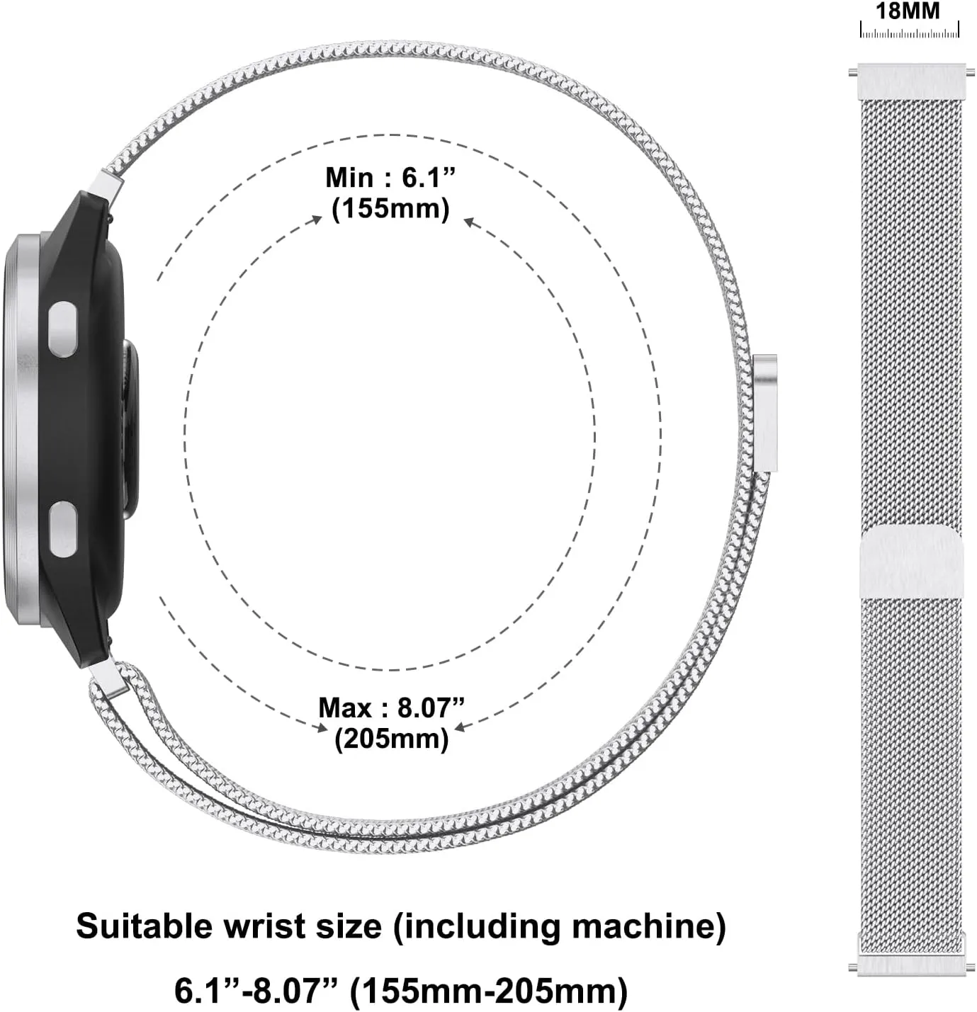 Stainless Steel Metal Watch Band for Men Women, Quick Release Watch Strap Adjustable Metal Mesh Solo Loop Bracelet Replacement Wristband 18mm 19mm