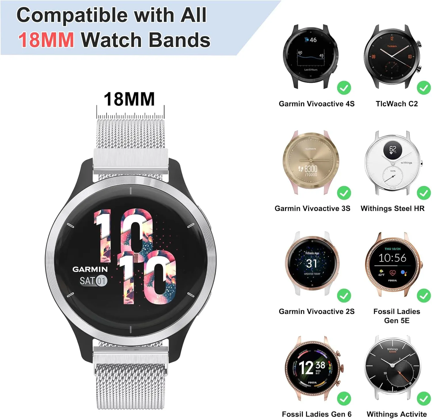 Stainless Steel Metal Watch Band for Men Women, Quick Release Watch Strap Adjustable Metal Mesh Solo Loop Bracelet Replacement Wristband 18mm 19mm
