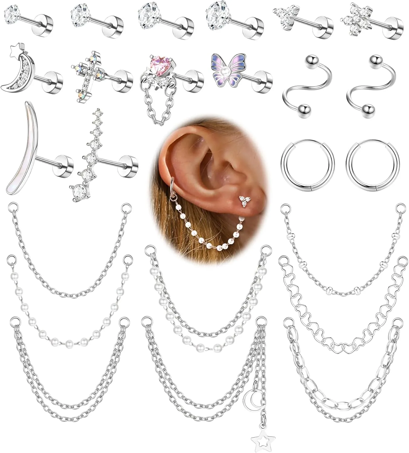 Stainless Steel Stud Earrings For Women Men 20G Cartilage Earrings Set Flat Back Earrings CZ Stud Earrings Small Hoop Earring Chain Dangle Cartilage Helix Tragus Piercing Jewelry