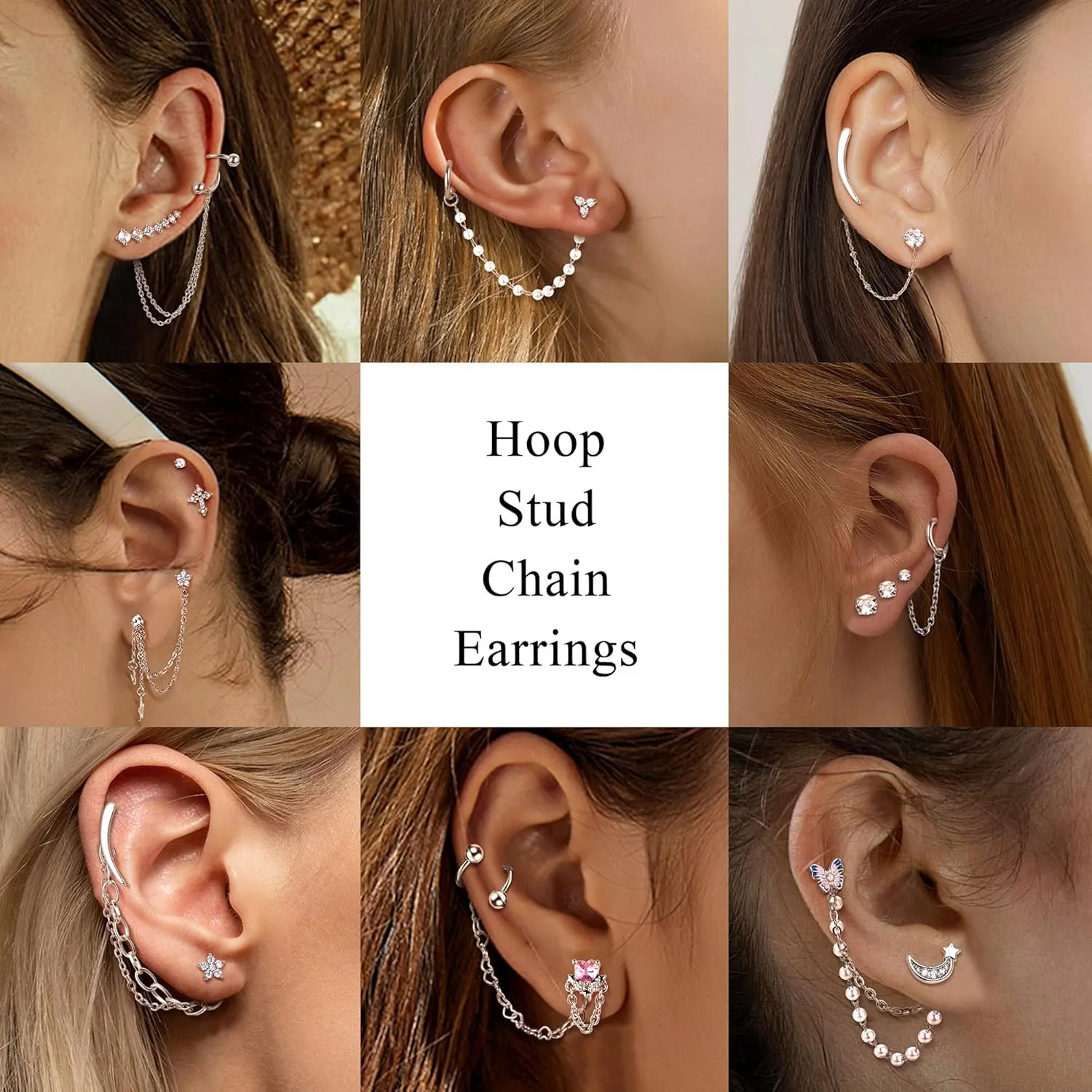 Stainless Steel Stud Earrings For Women Men 20G Cartilage Earrings Set Flat Back Earrings CZ Stud Earrings Small Hoop Earring Chain Dangle Cartilage Helix Tragus Piercing Jewelry