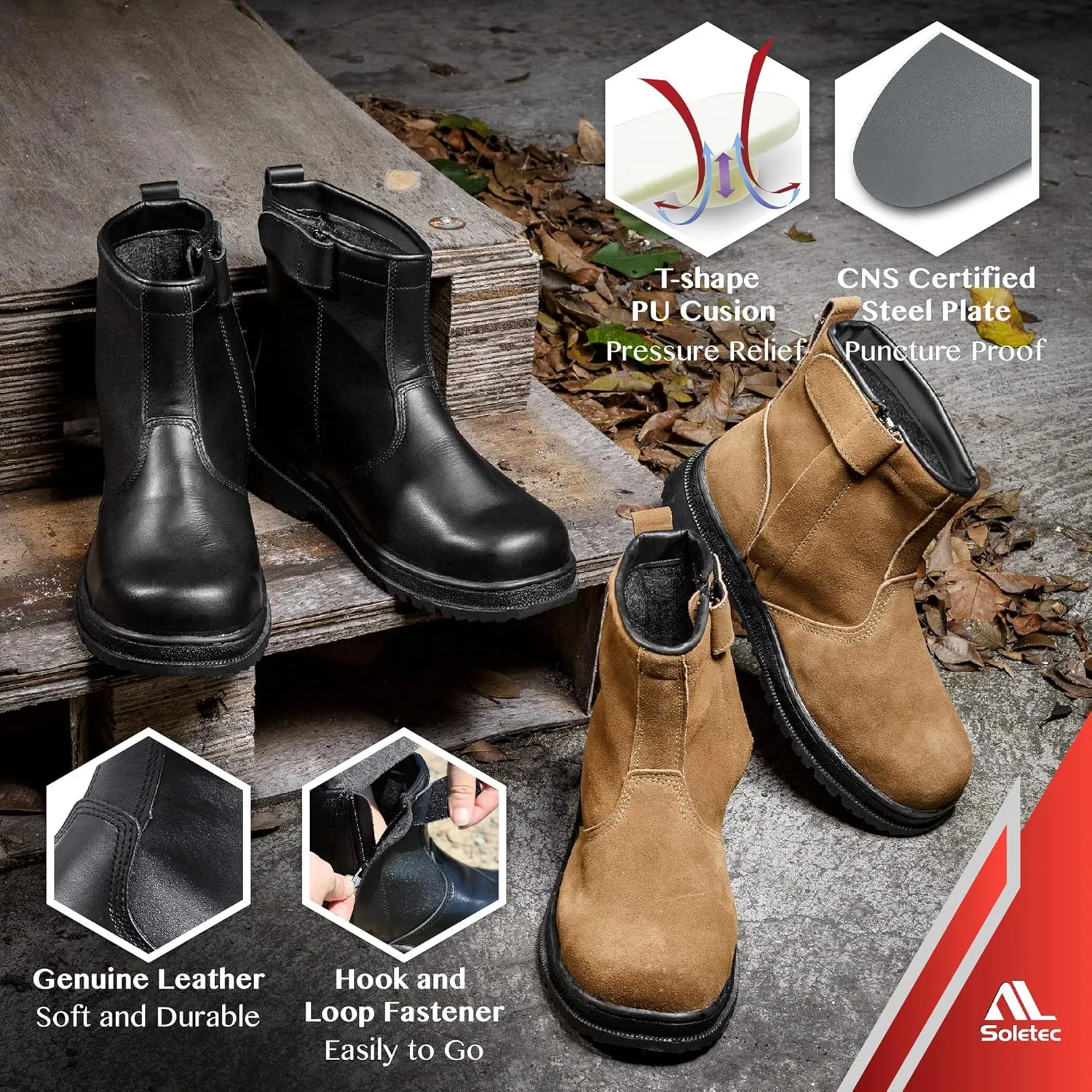 Steel Toe Work Boots, Chelsea Boots, Industrial & Construction Safety Shoes, Oil Resistant Outsole, Steel Plate Side Zip, for Men& Women, 7.5 Inch