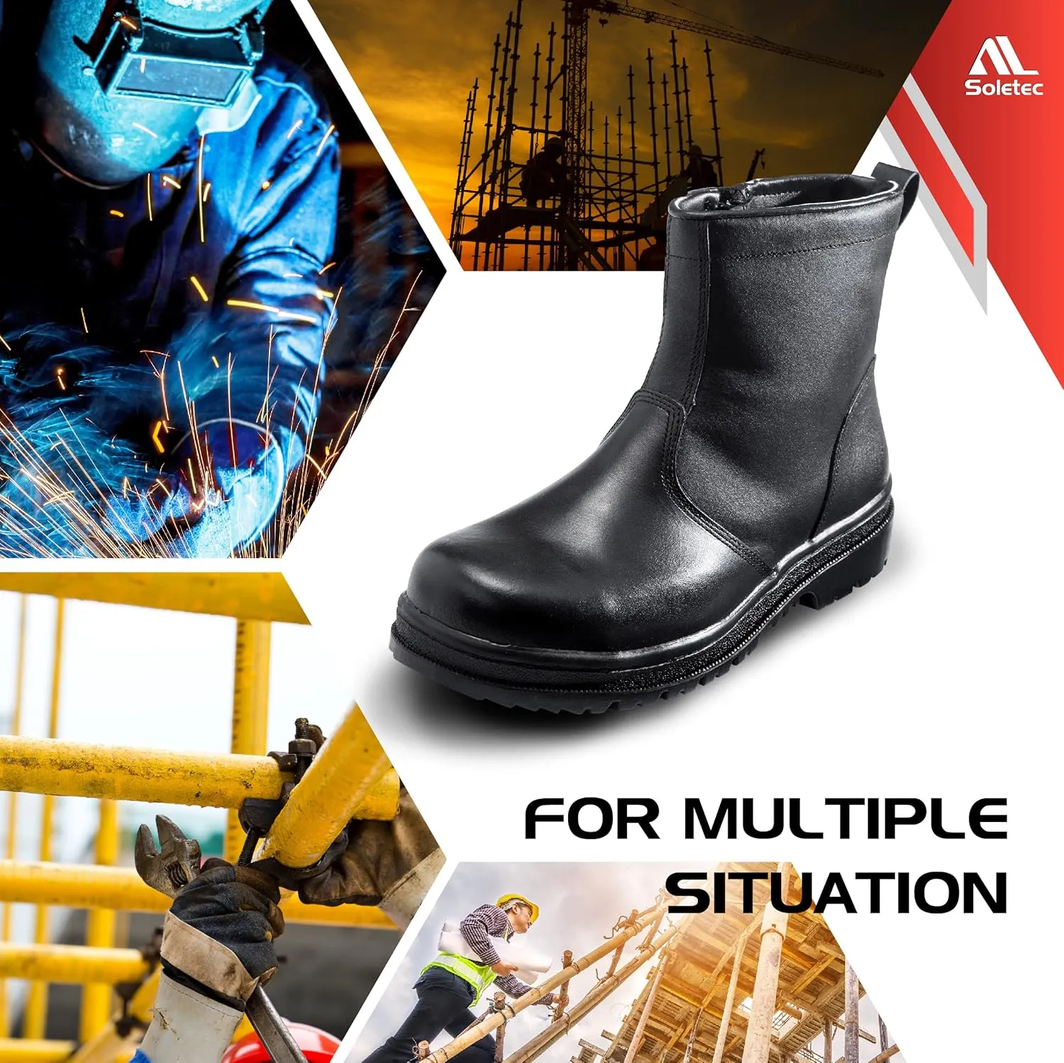 Steel Toe Work Boots, Chelsea Boots, Industrial & Construction Safety Shoes, Oil Resistant Outsole, Steel Plate Side Zip, for Men& Women, 7.5 Inch