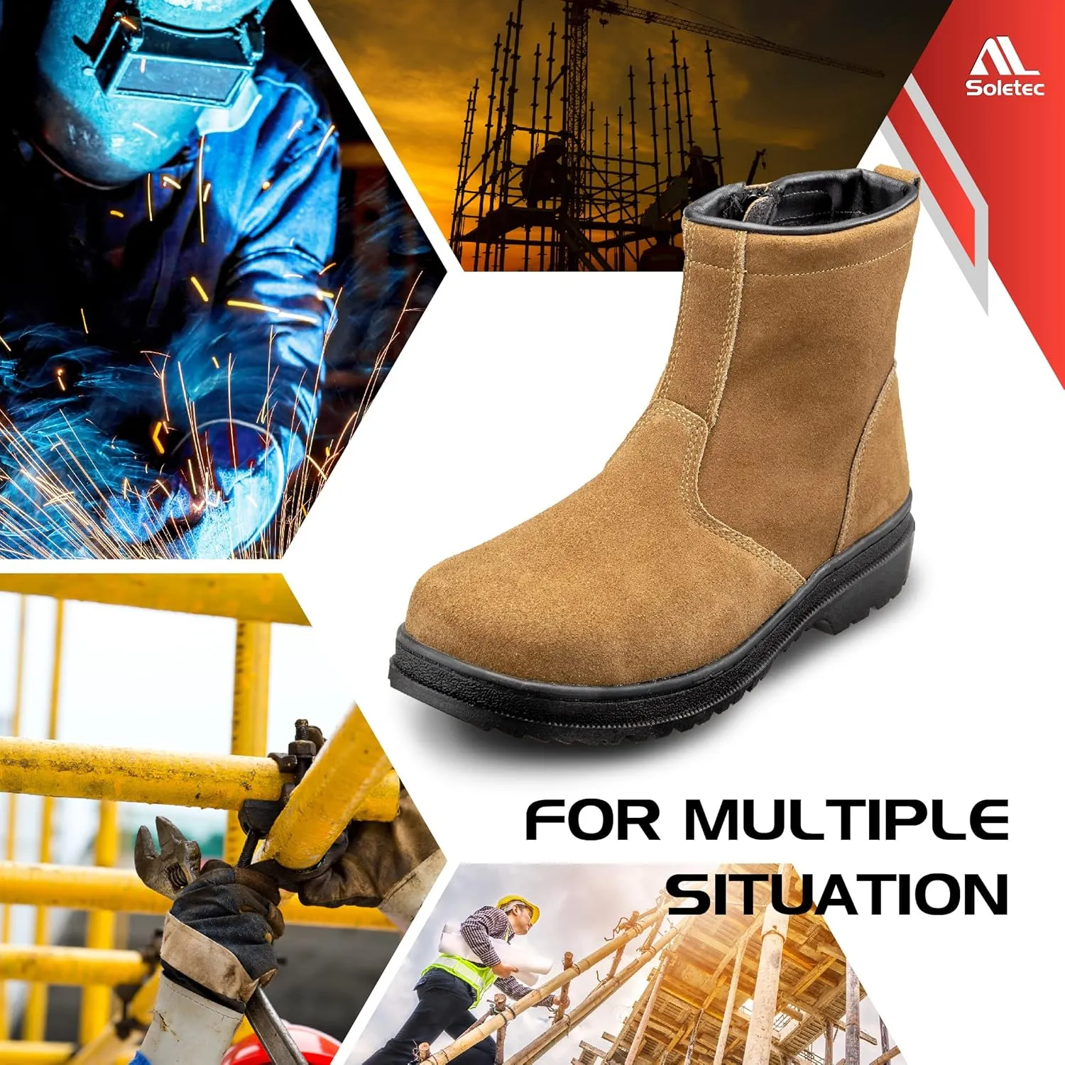 Steel Toe Work Boots, Chelsea Boots, Industrial & Construction Safety Shoes, Oil Resistant Outsole, Steel Plate Side Zip, for Men& Women, 7.5 Inch