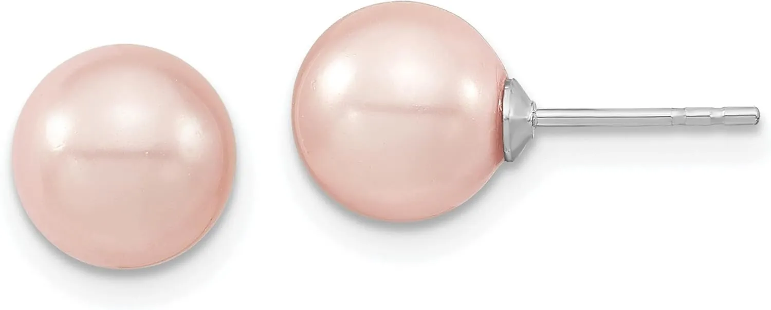 Sterling Silver 8-9mm Pink Imitation Shell Pearl Stud Earrings 8