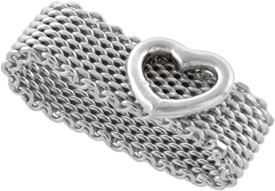 Sterling Silver Heavy Mesh Ring w/Heart Handmade 5/16 inch wide, sizes 5-11