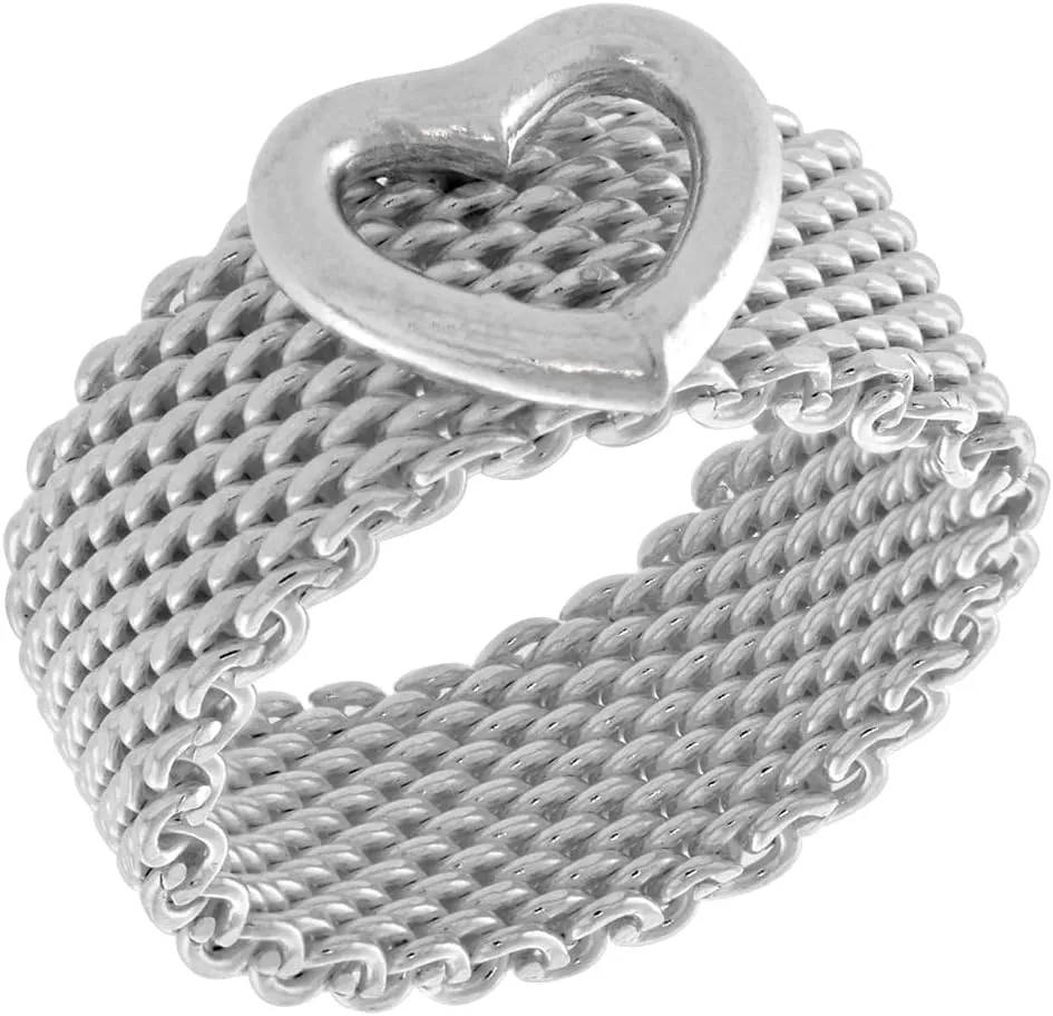 Sterling Silver Heavy Mesh Ring w/Heart Handmade 5/16 inch wide, sizes 5-11