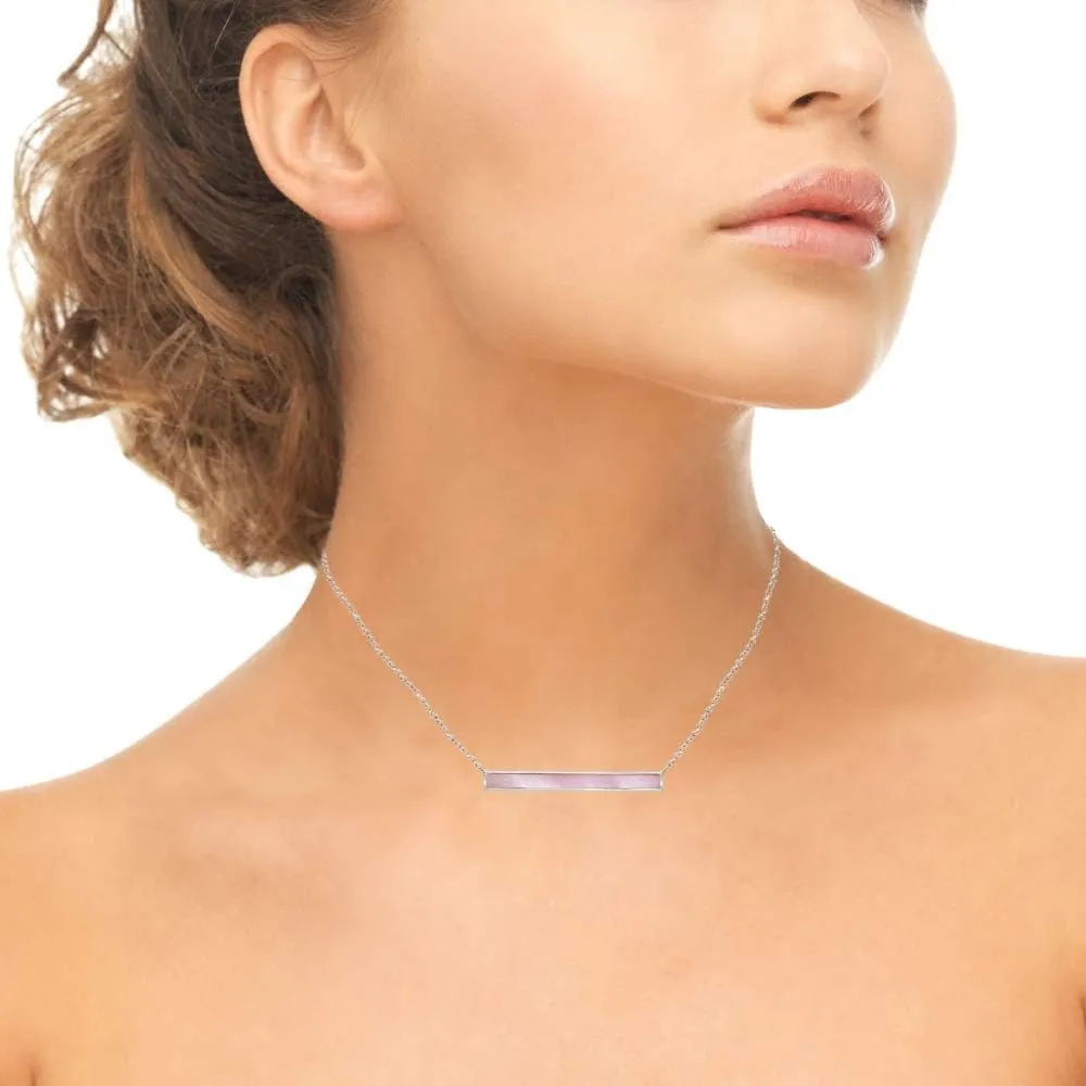 Sterling Silver Polished Inlay Horizontal Bar Dainty Necklace, Abalone, Shell, or Mother of Pearl
