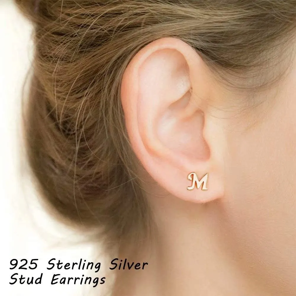 Sterling Silver Stud Earrings, 925 Sterling Silver Initial Stud Earrings Gold Plated Hypoallergenic Earrings for Women Sensitive Ears