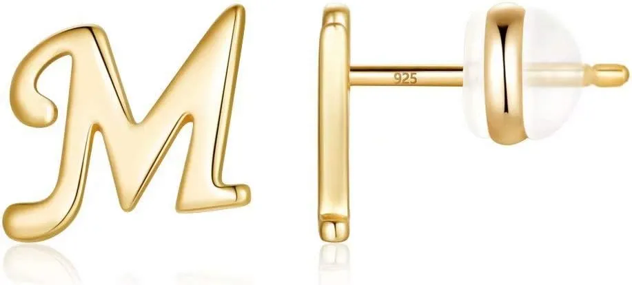 Sterling Silver Stud Earrings, 925 Sterling Silver Initial Stud Earrings Gold Plated Hypoallergenic Earrings for Women Sensitive Ears
