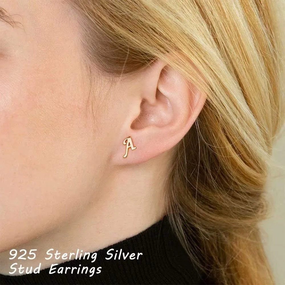 Sterling Silver Stud Earrings, 925 Sterling Silver Initial Stud Earrings Gold Plated Hypoallergenic Earrings for Women Sensitive Ears