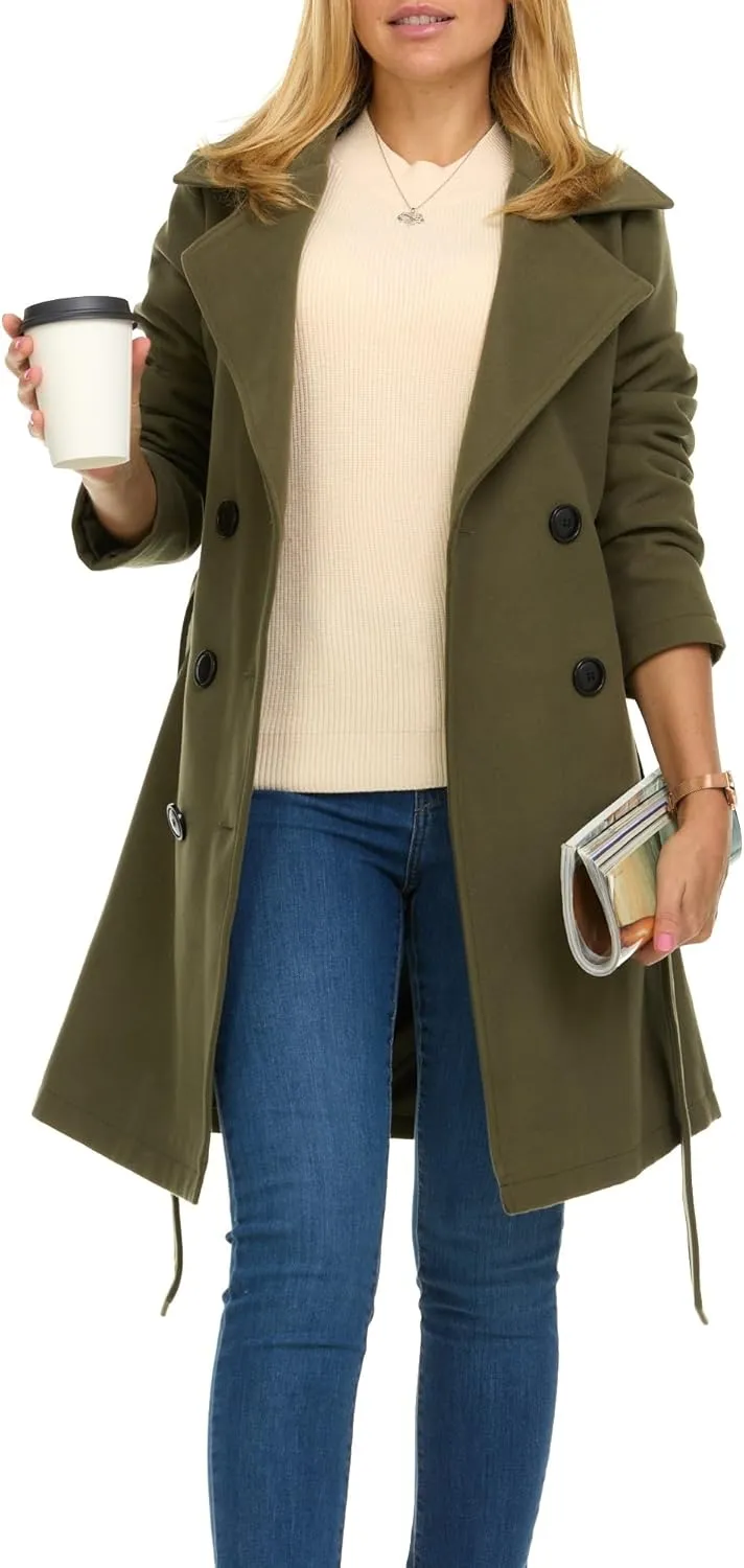 Steve Madden Trench Coat for Women  Double-Breasted Long Winter Faux Wool Coat