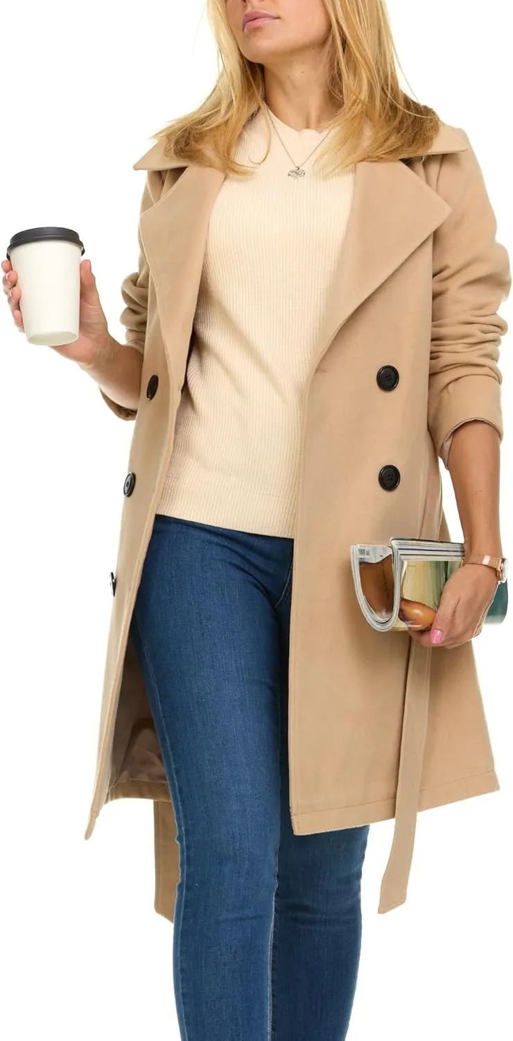 Steve Madden Trench Coat for Women  Double-Breasted Long Winter Faux Wool Coat