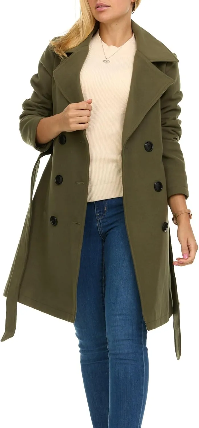 Steve Madden Trench Coat for Women  Double-Breasted Long Winter Faux Wool Coat