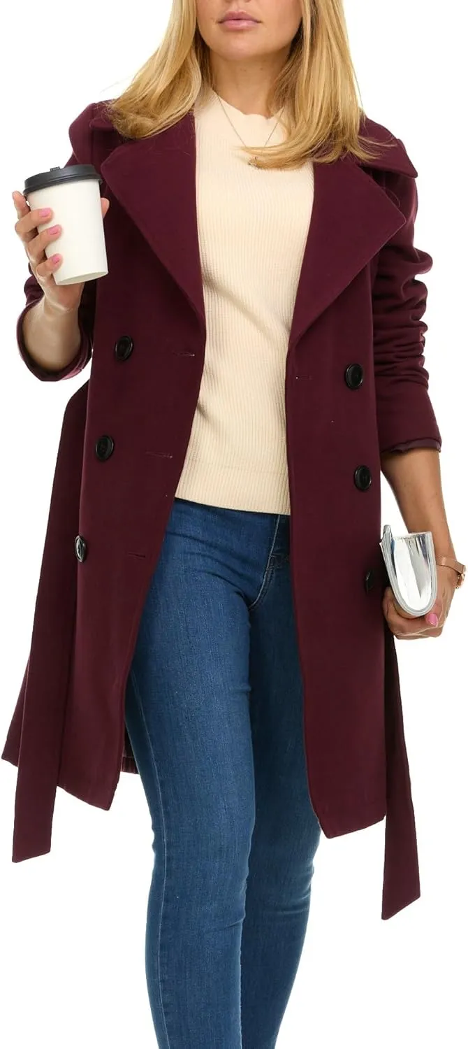 Steve Madden Trench Coat for Women  Double-Breasted Long Winter Faux Wool Coat