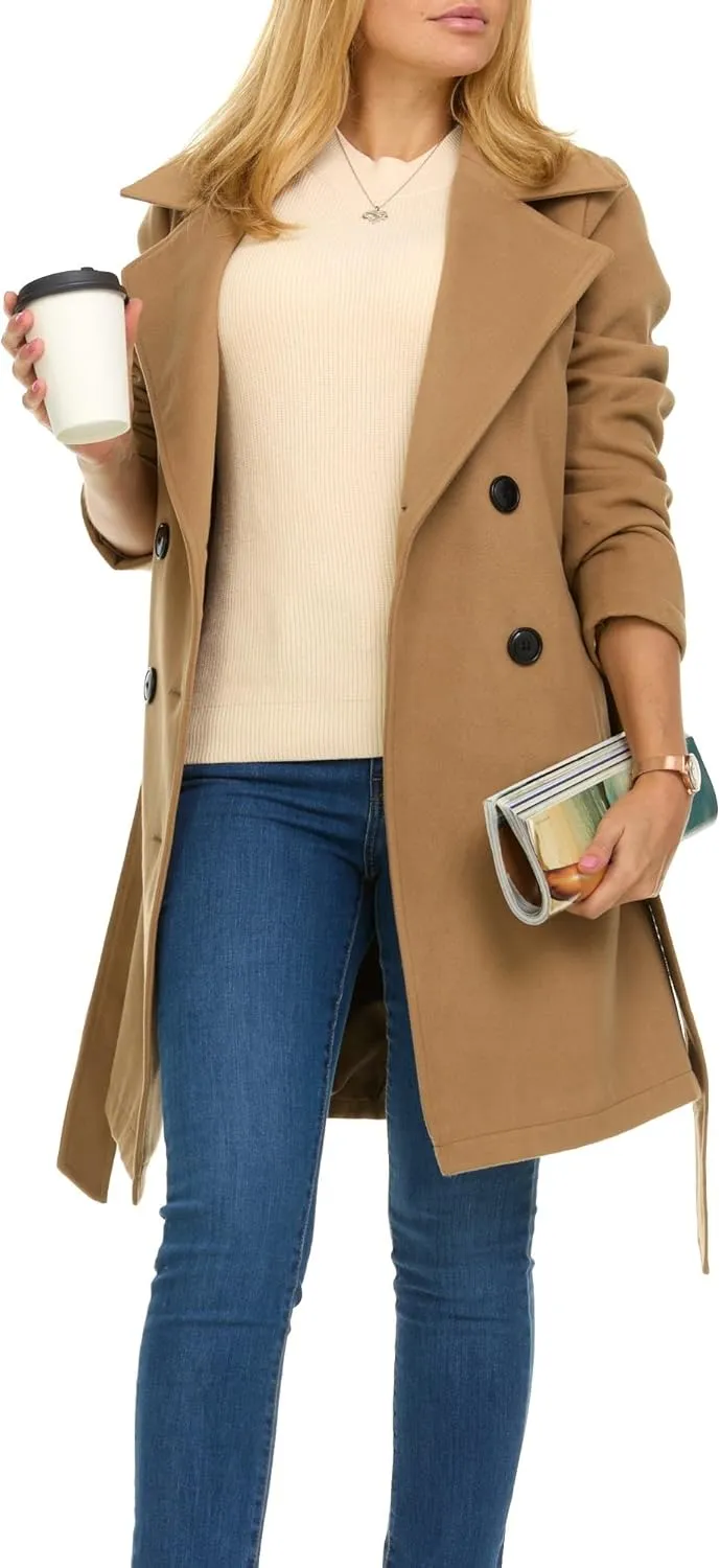 Steve Madden Trench Coat for Women  Double-Breasted Long Winter Faux Wool Coat