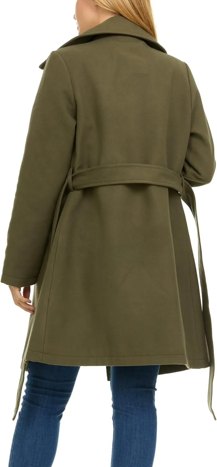 Steve Madden Trench Coat for Women  Double-Breasted Long Winter Faux Wool Coat